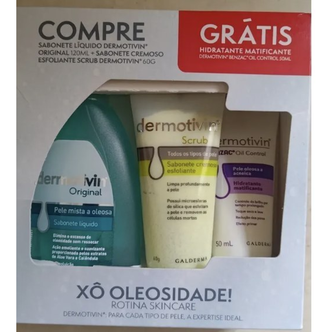 Kit Dermotivin Xô Oleosidade | Sabonete Original Líquido 120ml + Esfoliante 60g + Hidratante Facial 50ml