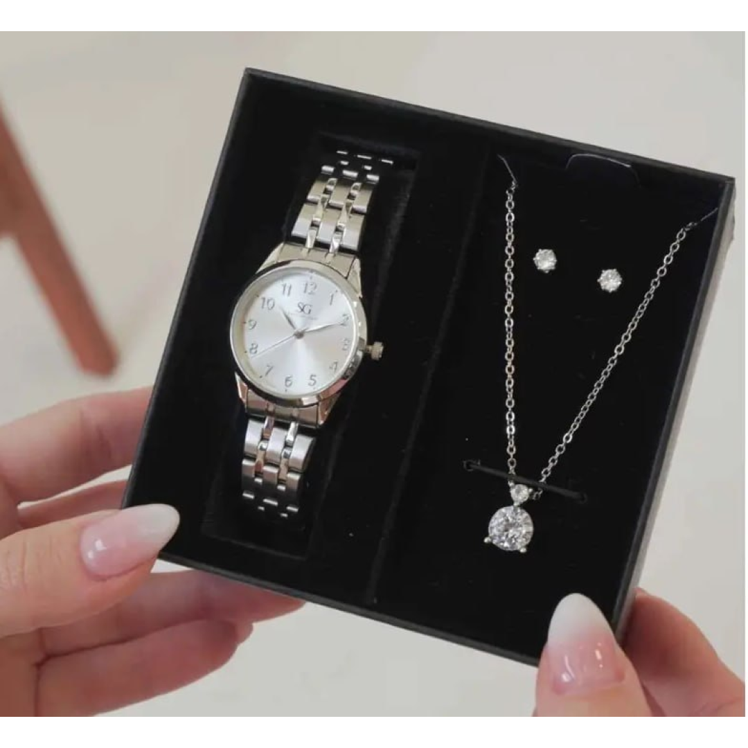Kit Relógio Colar E Brincos Ponto De Luz Dourado E Prateado Feminino Luxo Saint Germain 28mm