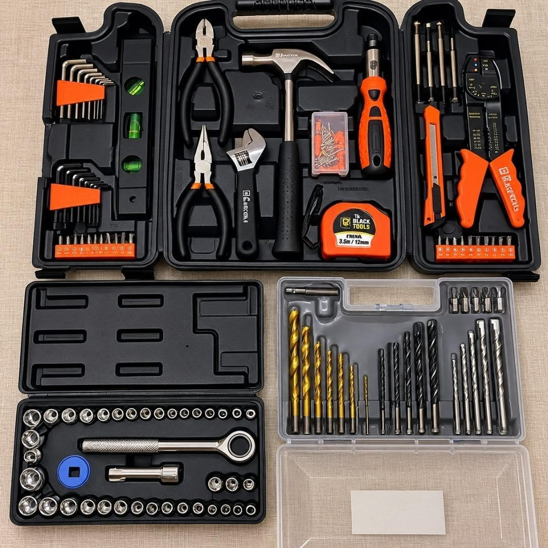 Kit Jogo De Ferramentas 129 Peças + Jogo De 40 Soquetes + Kit 300 Peças Brocas/Buchas