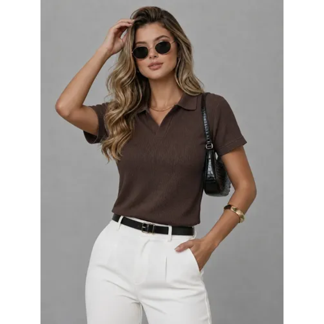 Camiseta Polo Wafle Feminina Texturizada sem Botão