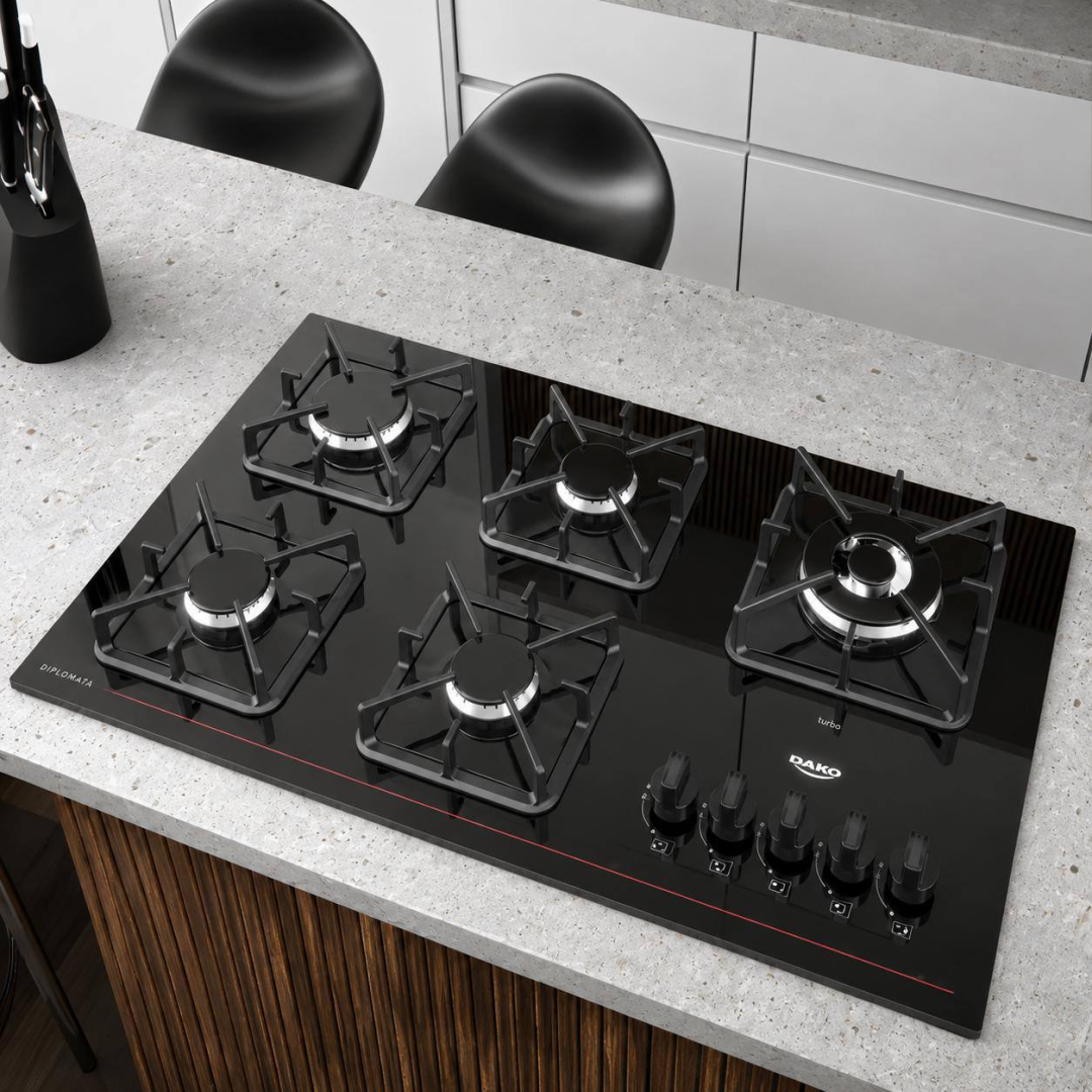 Cooktop 5 Bocas Dako Diplomata com Mesa De Vidro e Tripla Chama e Acendimento Automático A Gás Preto Bivolt