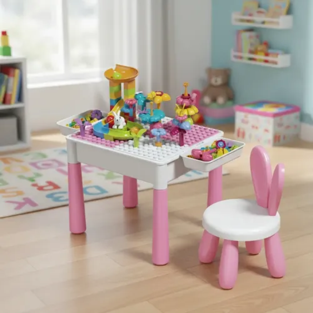 Mesa de Atividades Infantil 2 em 1 com Cadeira Orelhinha para Blocos de Montar e Desenhar Rosa