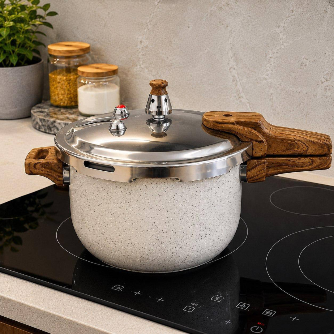 Panela De Pressão Indução 4,2L Revestimento Ceramico Antiaderente Com 4 Valvulas De Segurança Fechamento Externo, Cabos Soft Touch Vitrex Creme Granit...