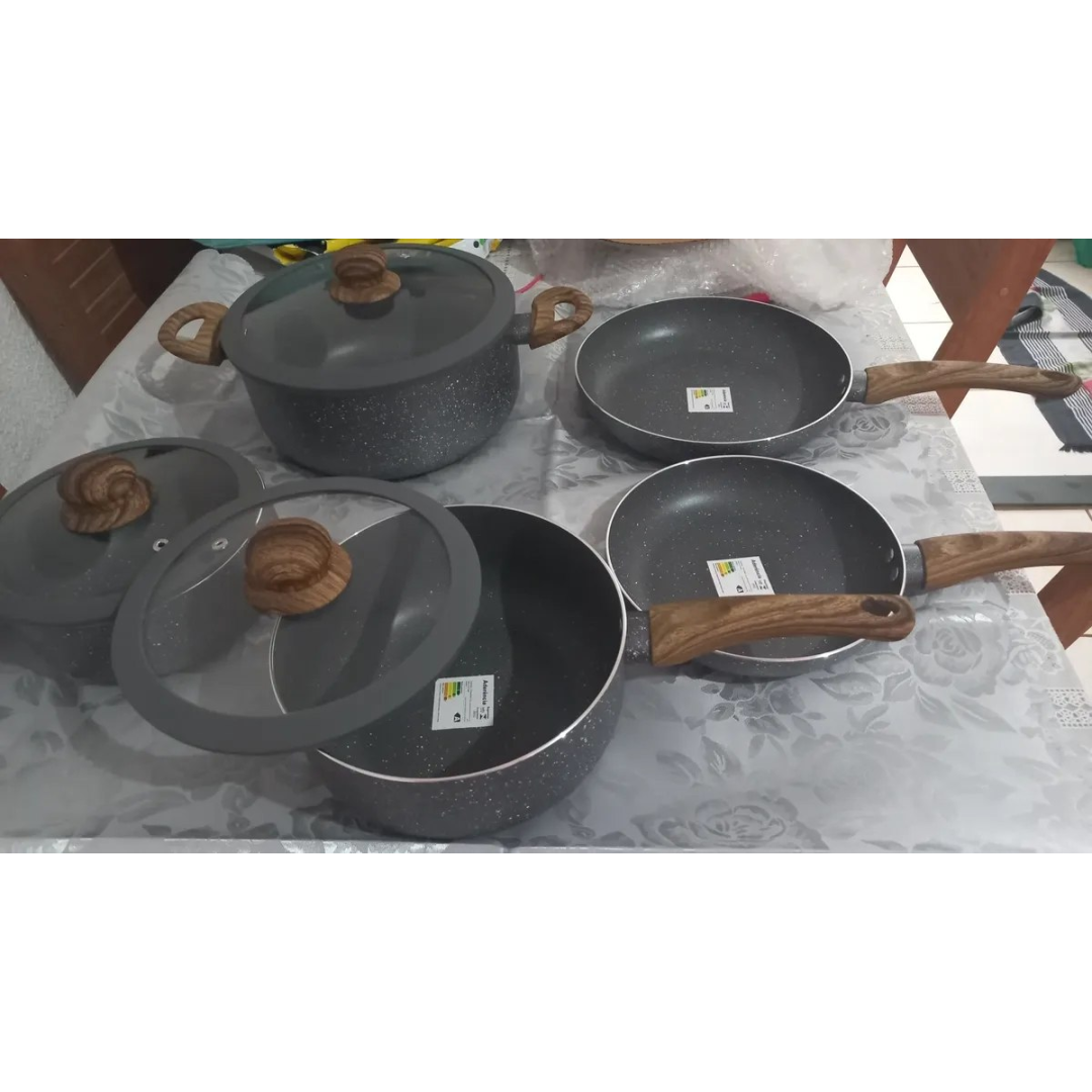 Jogo De Panelas Cerâmica Antiaderente 5 Peças De Indução 2,5mm Revestimento Cerâmico Tampa De Vidro Para Fogão Tradicional Gás Cinza Pítia Granito
