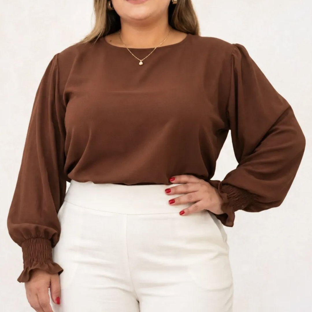 Blusa Feminina Manga Longa Plus Size Alfaiataria Elegante