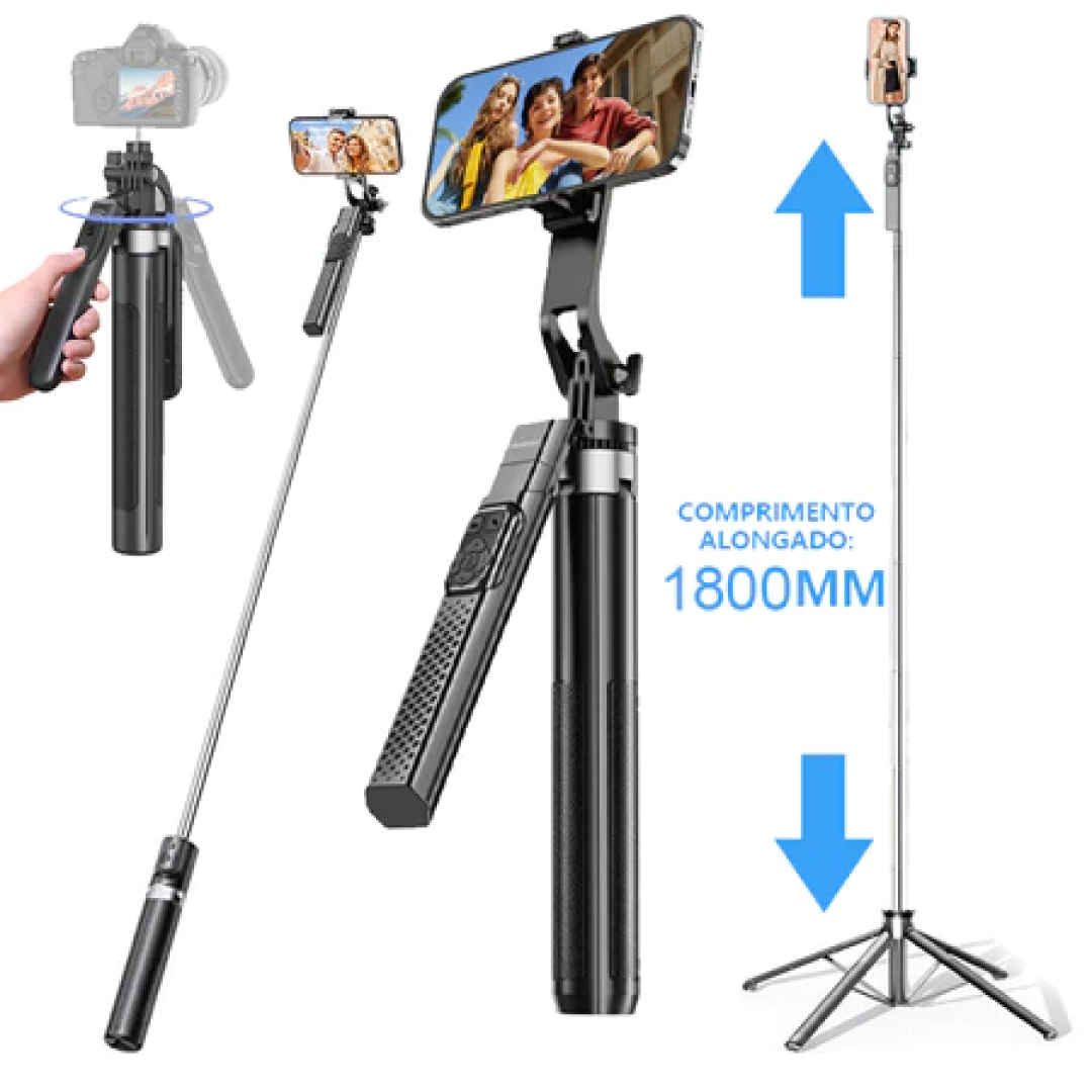 1.8M/2M Selfie Stick Tripé com quatro pernas para celular, câmera,GoPro, 4 Eixos 360° Rotação + Anti-tremor Superestável