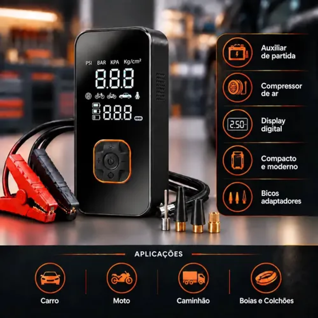 Kit Compressor de Ar Compacto 150 Psi + Auxiliar de Partida + Powerbank