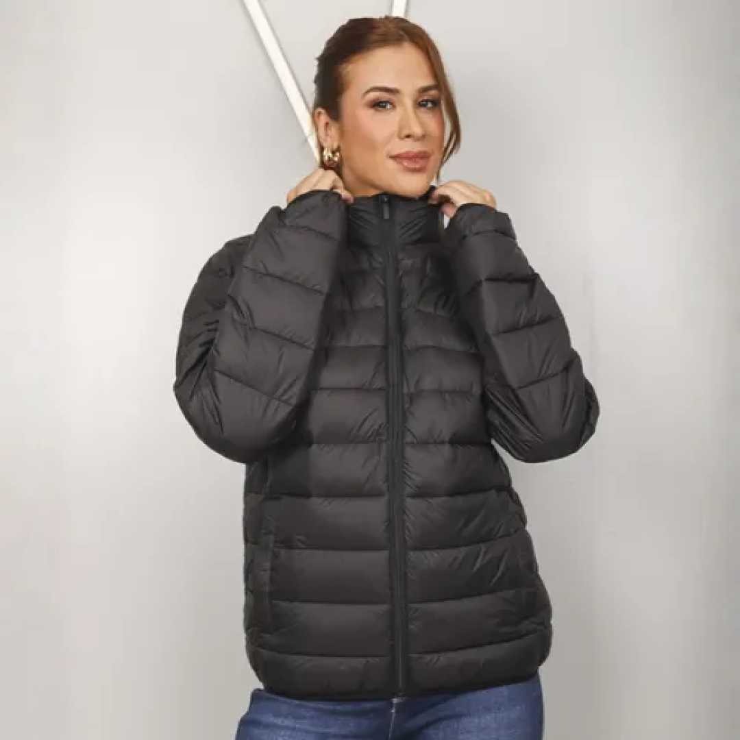 Jaqueta Feminina Puffer De Frio Nylon Capuz Impermeável