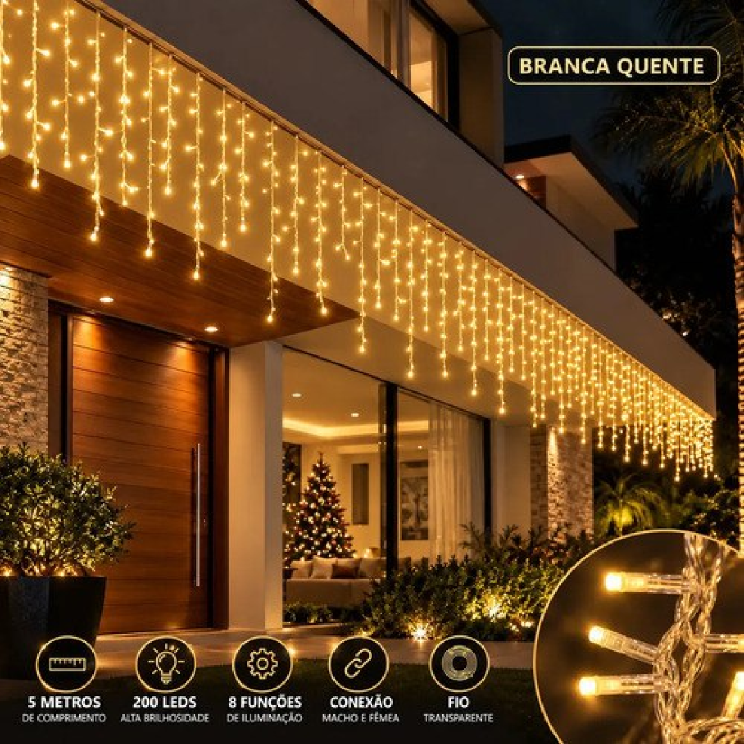 Cascata LED Natalina 5m 200 Luzes 8 Funções