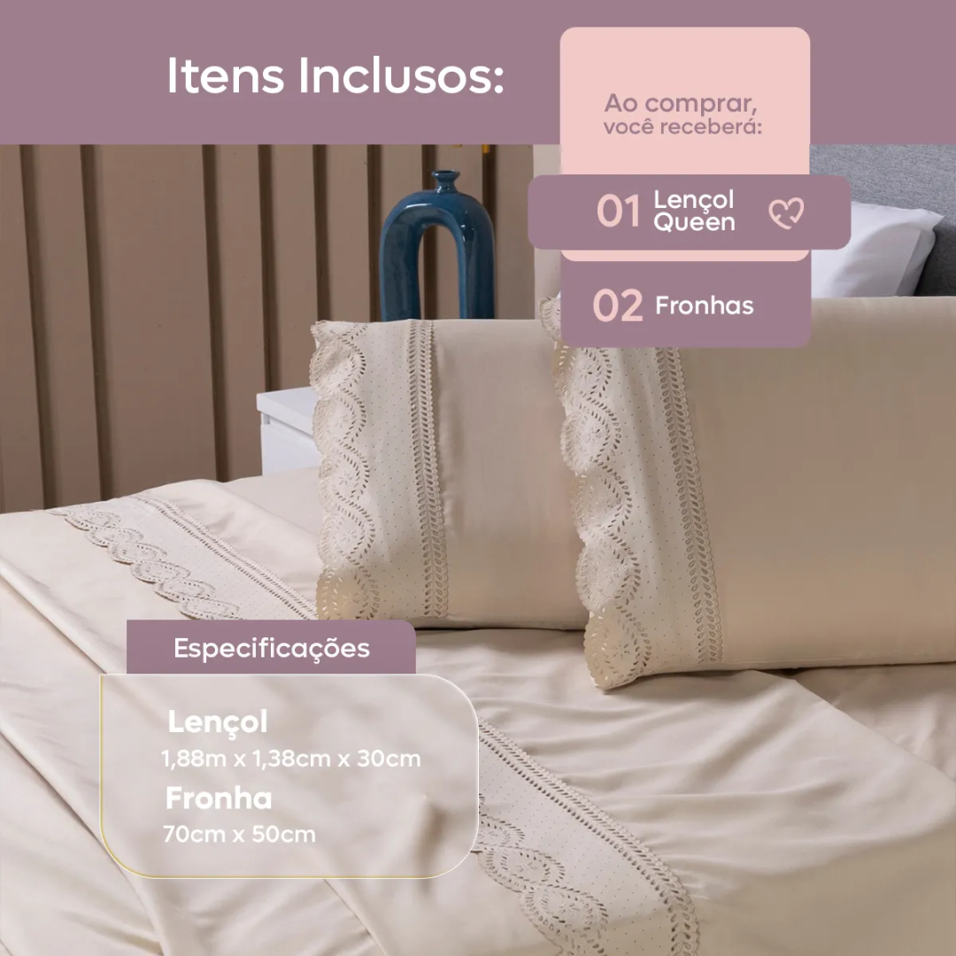 Jogo Lençol Casal Queen 400 Fios Bordado 3 Pçs Micropercal