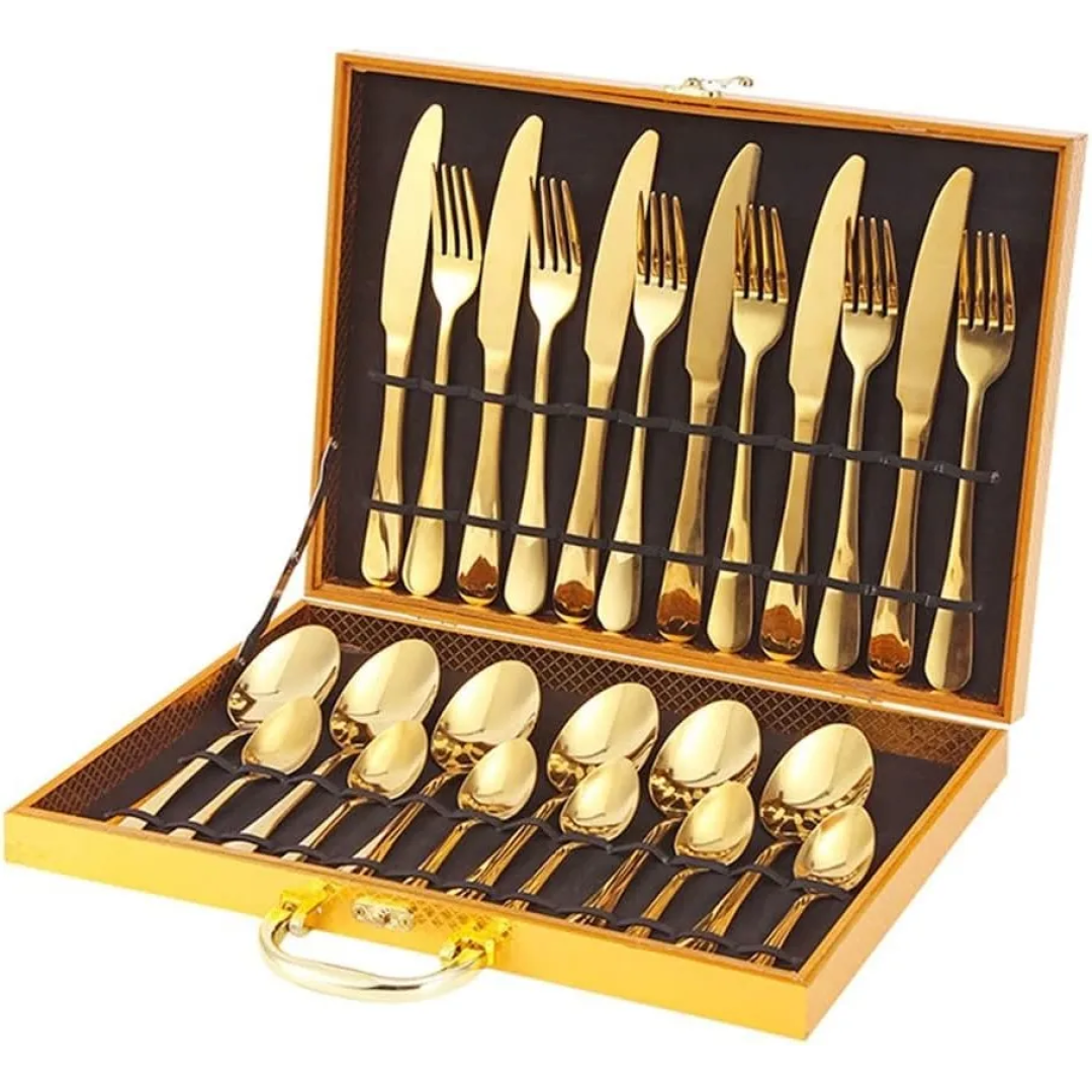 Faqueiro Dourado Kit 24 Pcs Luxo Com Maleta Premium Complet