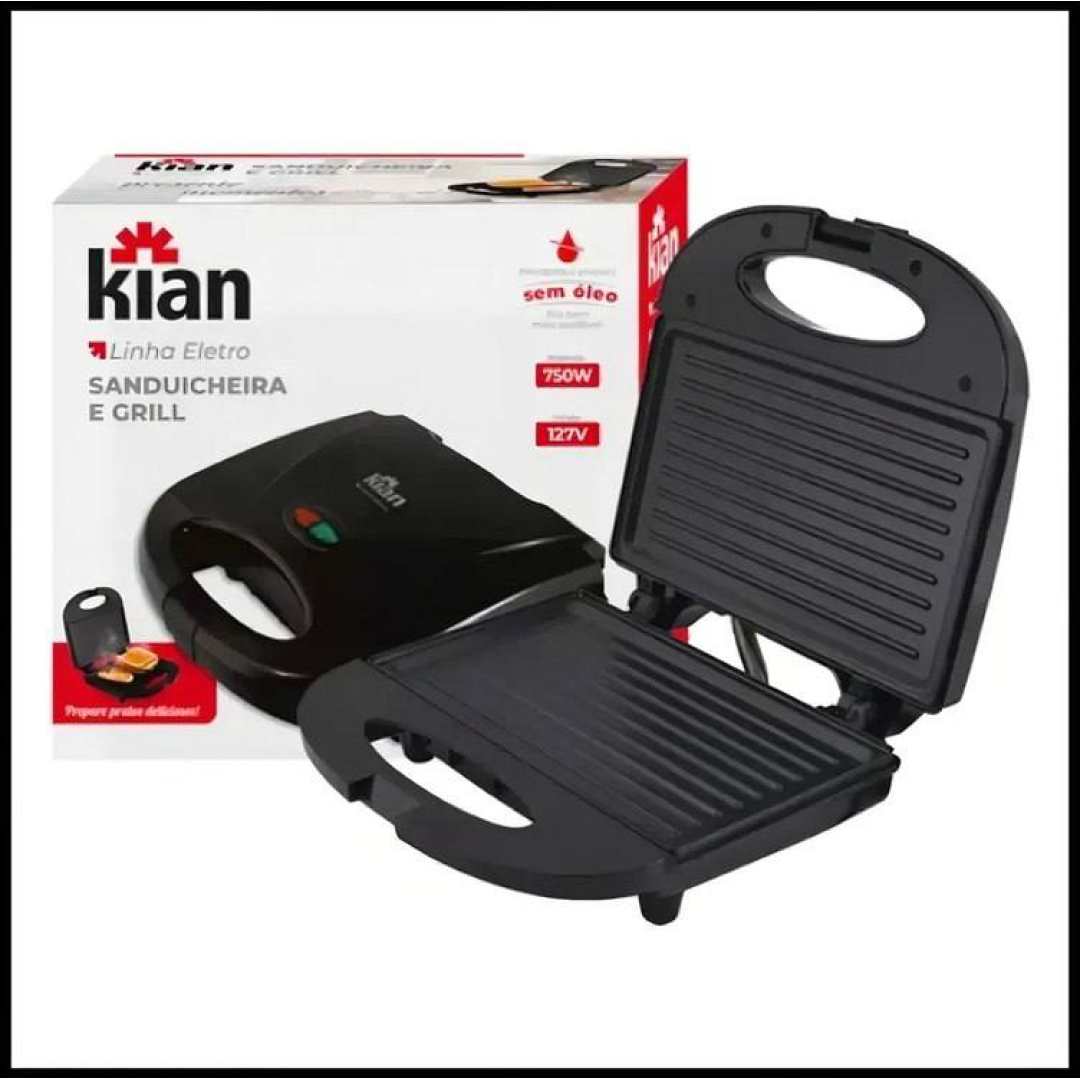 Sanduicheira Grill 2 Em 1 Kian Preta Elétrica 750w Cor Preto