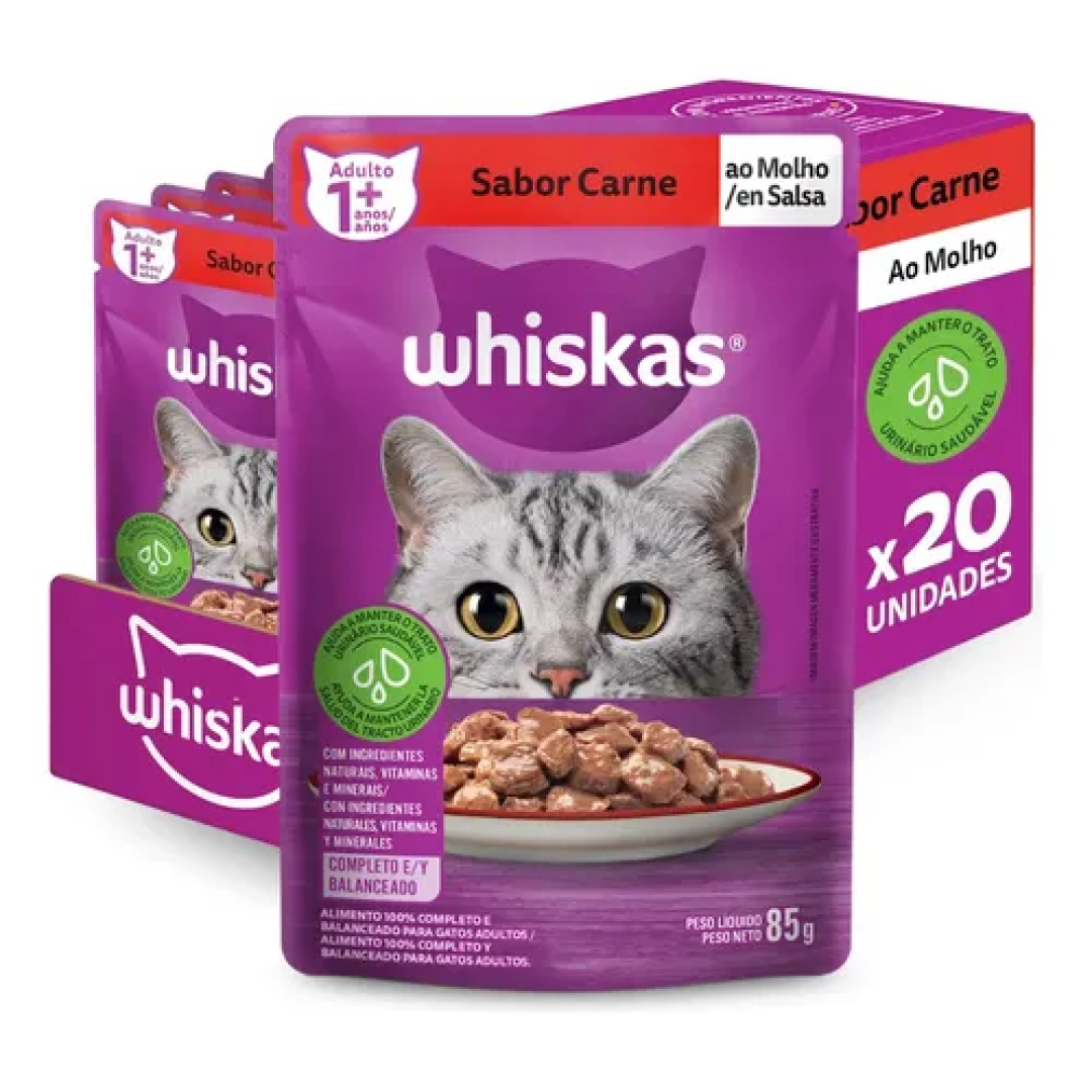 Whiskas Sachê Carne ao Molho para Gatos Adultos KIT 20 unidades de 85 g