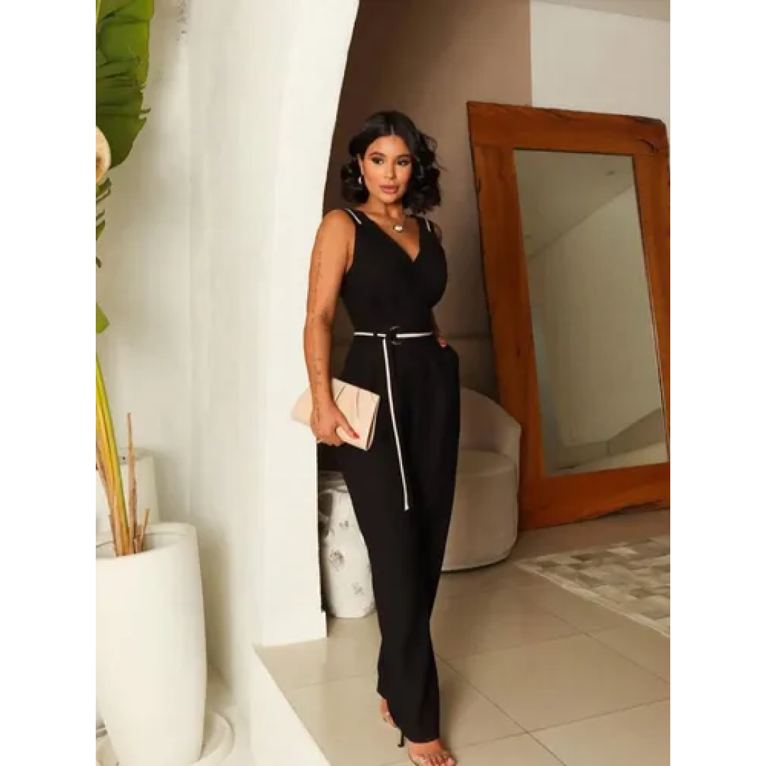 Novo!! Macacão Feminino Longo Pantalona Decote V Acinturado