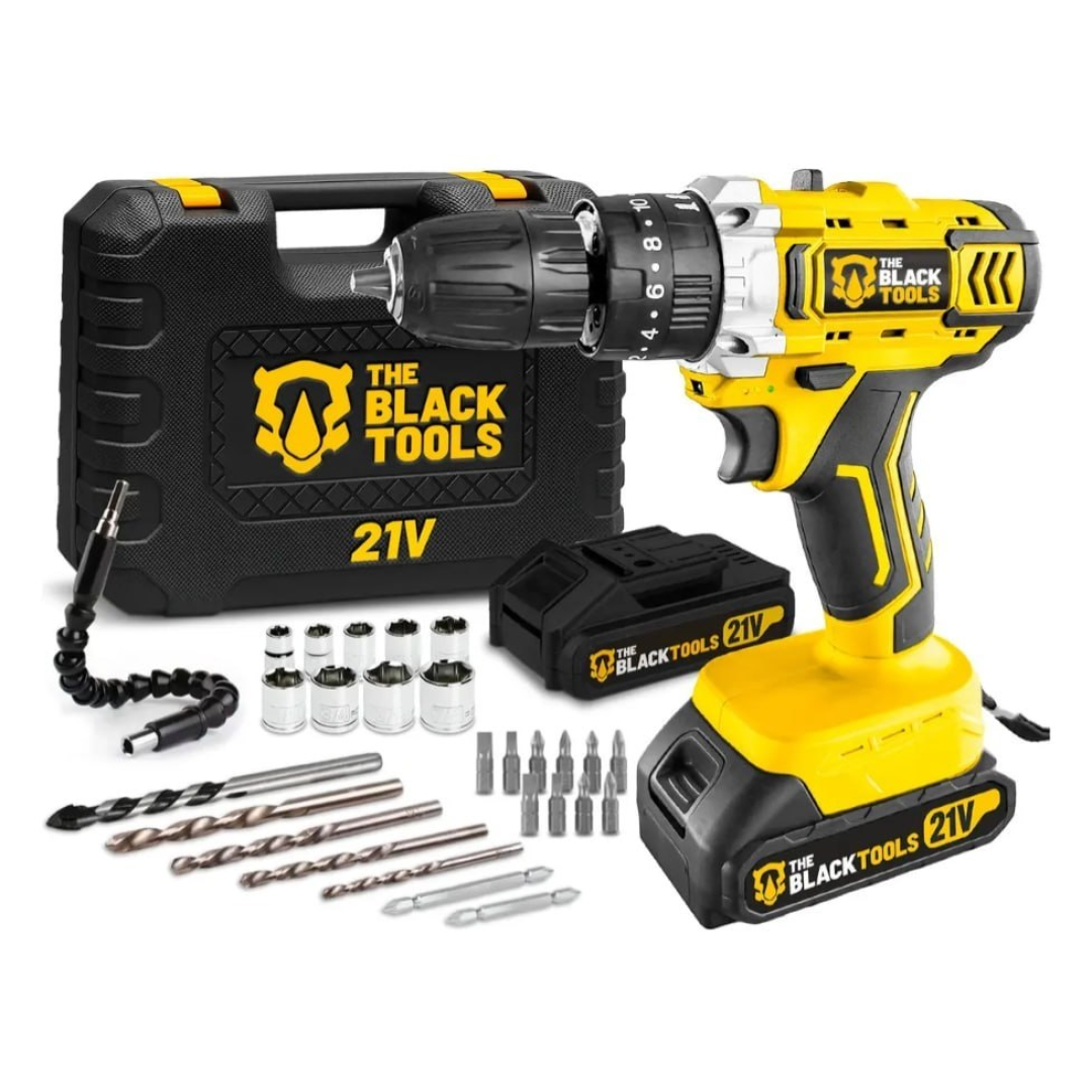 Furadeira E Parafusadeira De Impacto 2 Baterias 2000mah 21v 3/8 Tb-21pkx The Black Tools Com Maleta E Acessorios