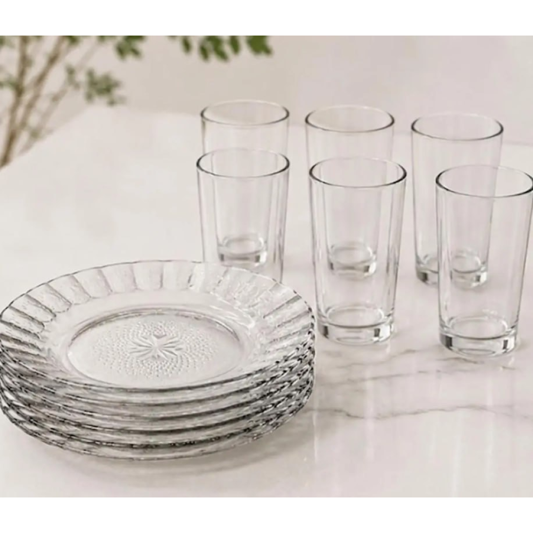 Conjunto Jantar 12 Peças Vidro Transparente Alto Relevo