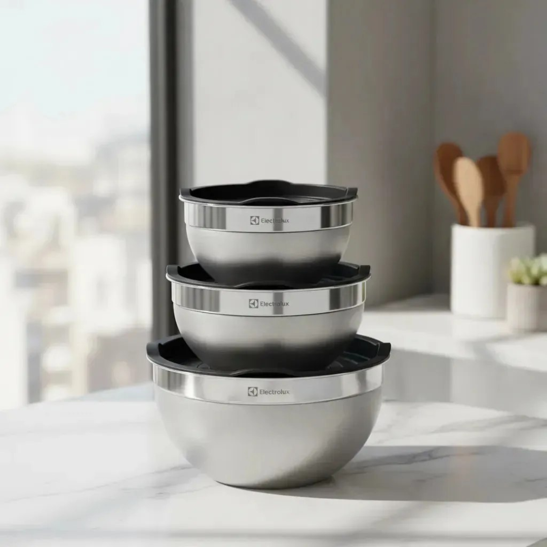 Kit 3 Tigelas Electrolux Aço Inox Bowls com Tampa Plástica 1,4L 2L 2,6L