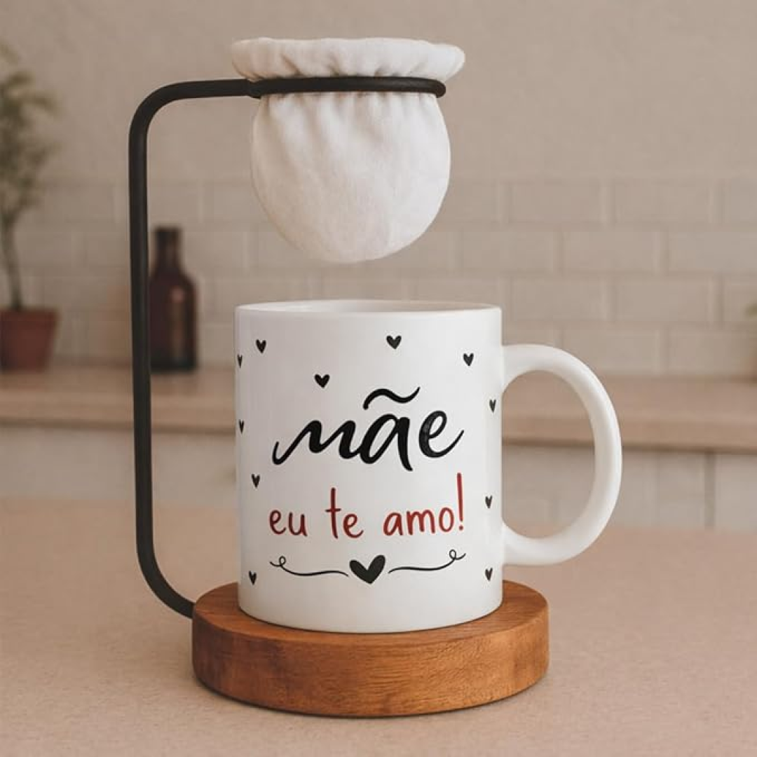 Caneca com Suporte Porta Filtro Café + Mensagem "Mãe Eu Te Amo" – Presente Criativo Dia das Mães, Caneca Decorativa com Suporte, Ideal para Café e Chá