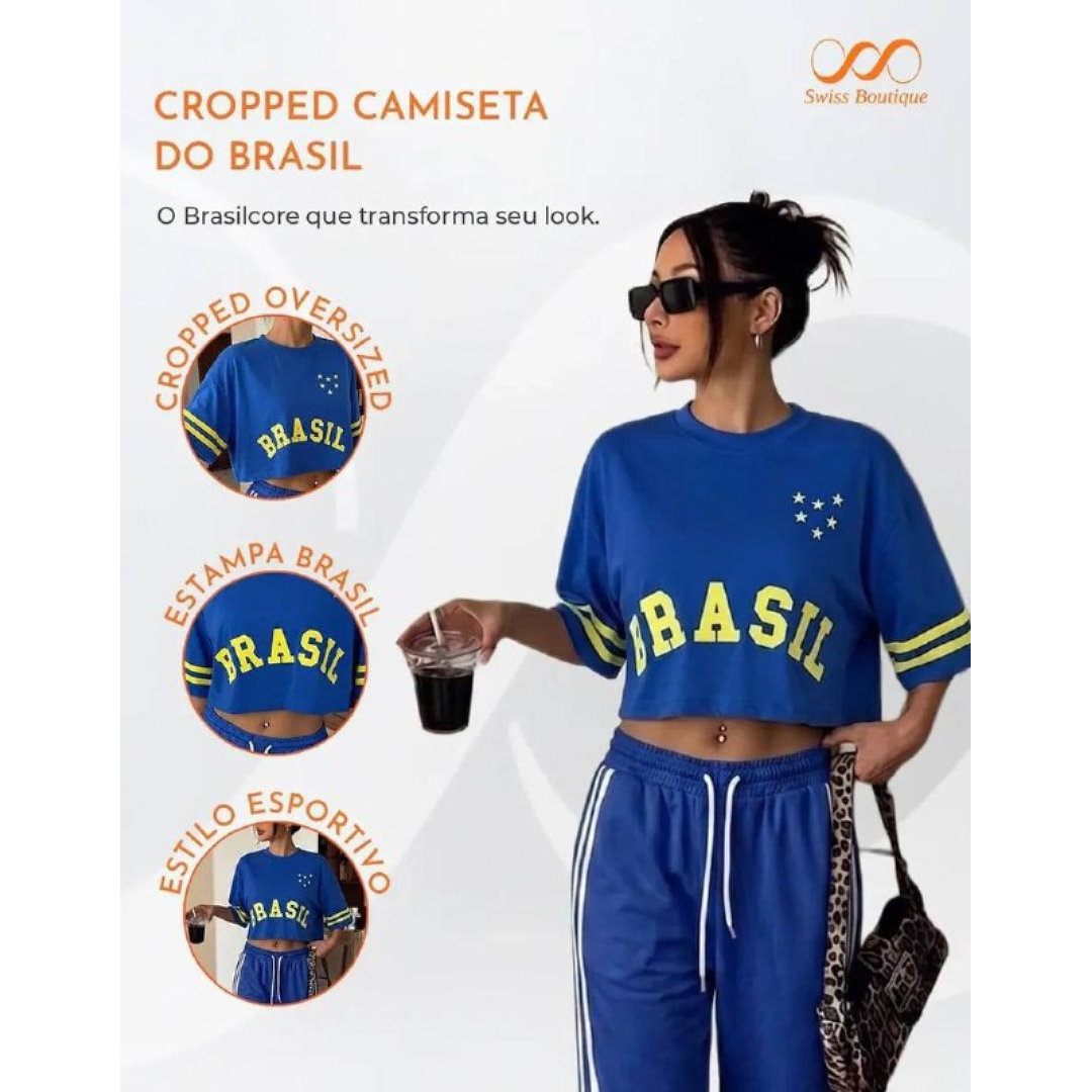 Cropped Feminino Brasil Copa Oversized Blusa T-shirt Verão Azul-amarelo M