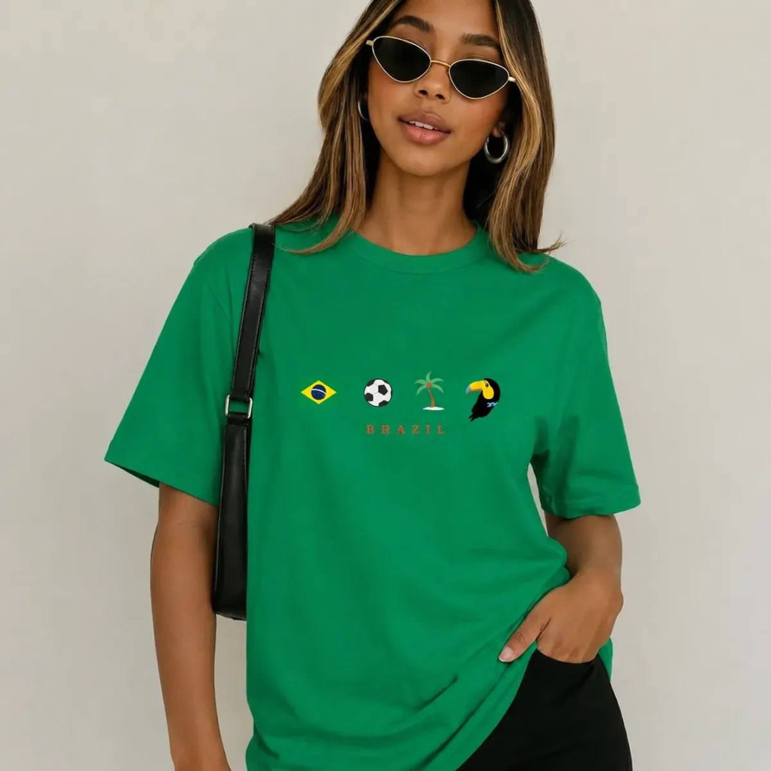 Camiseta T Shirt Estampa Ícones Brasil Tropical Algodão