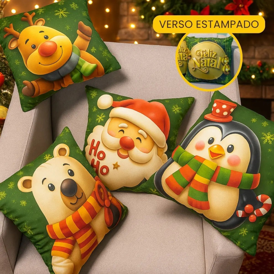 Kit 4 Almofadas Natal Frente E Verso Cheias Fibra Siliconada Desenho Do Tecido Sereno De Natal