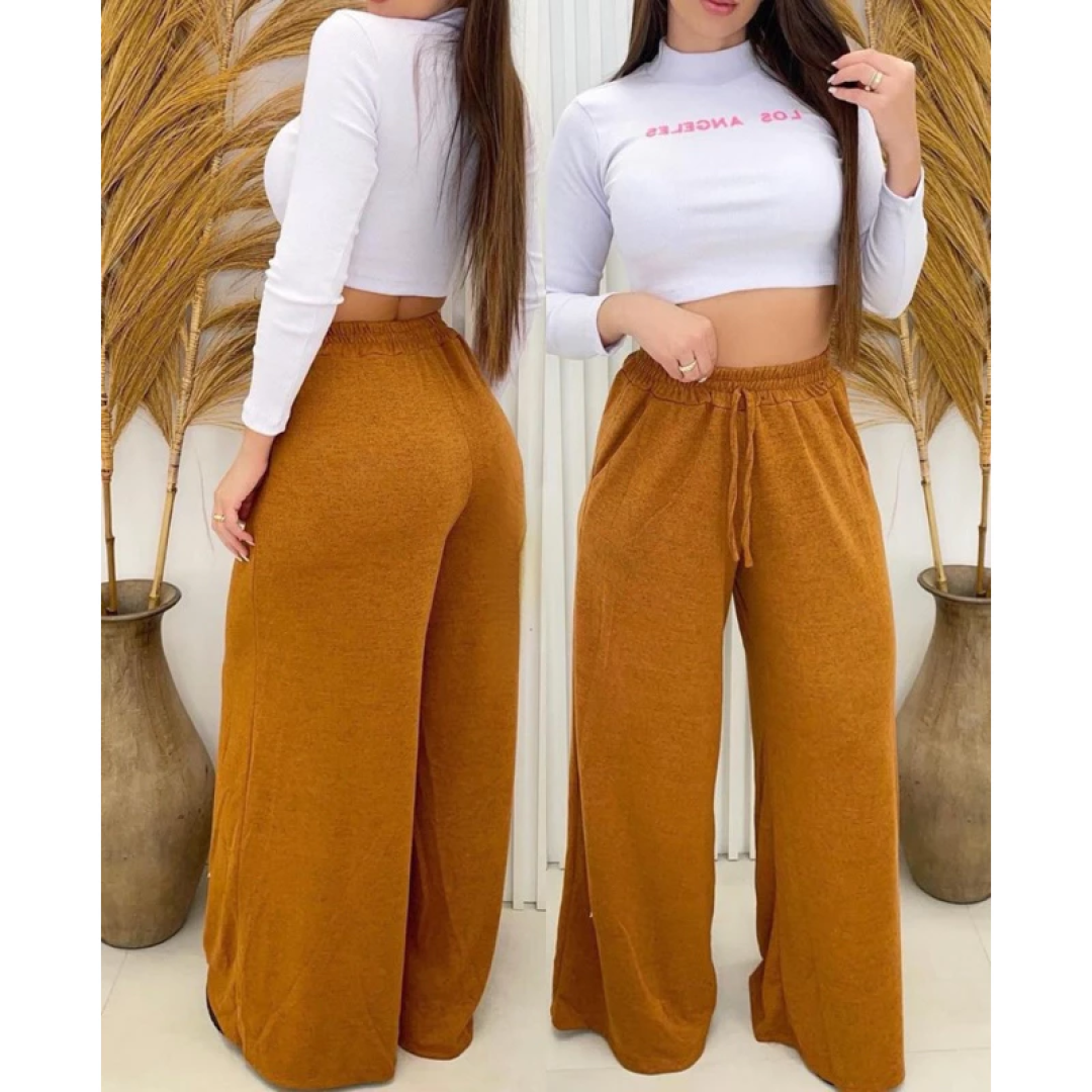 Calça Pantalona Lanzinha Feminina Cintura Alta Com Elastico e Bolso