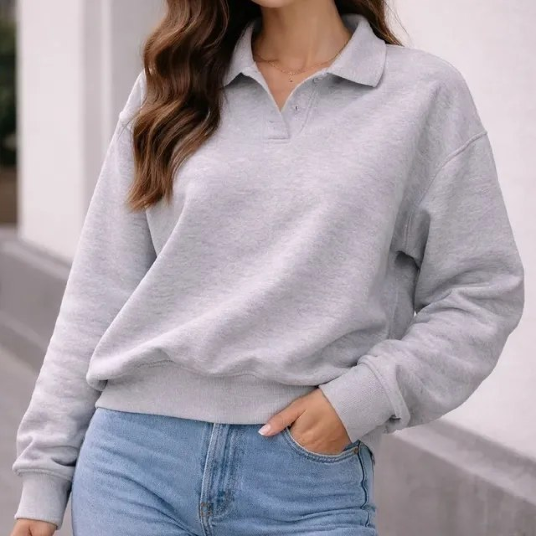 Blusa Moletom Feminina Gola Polo Oversized Manga Comprida