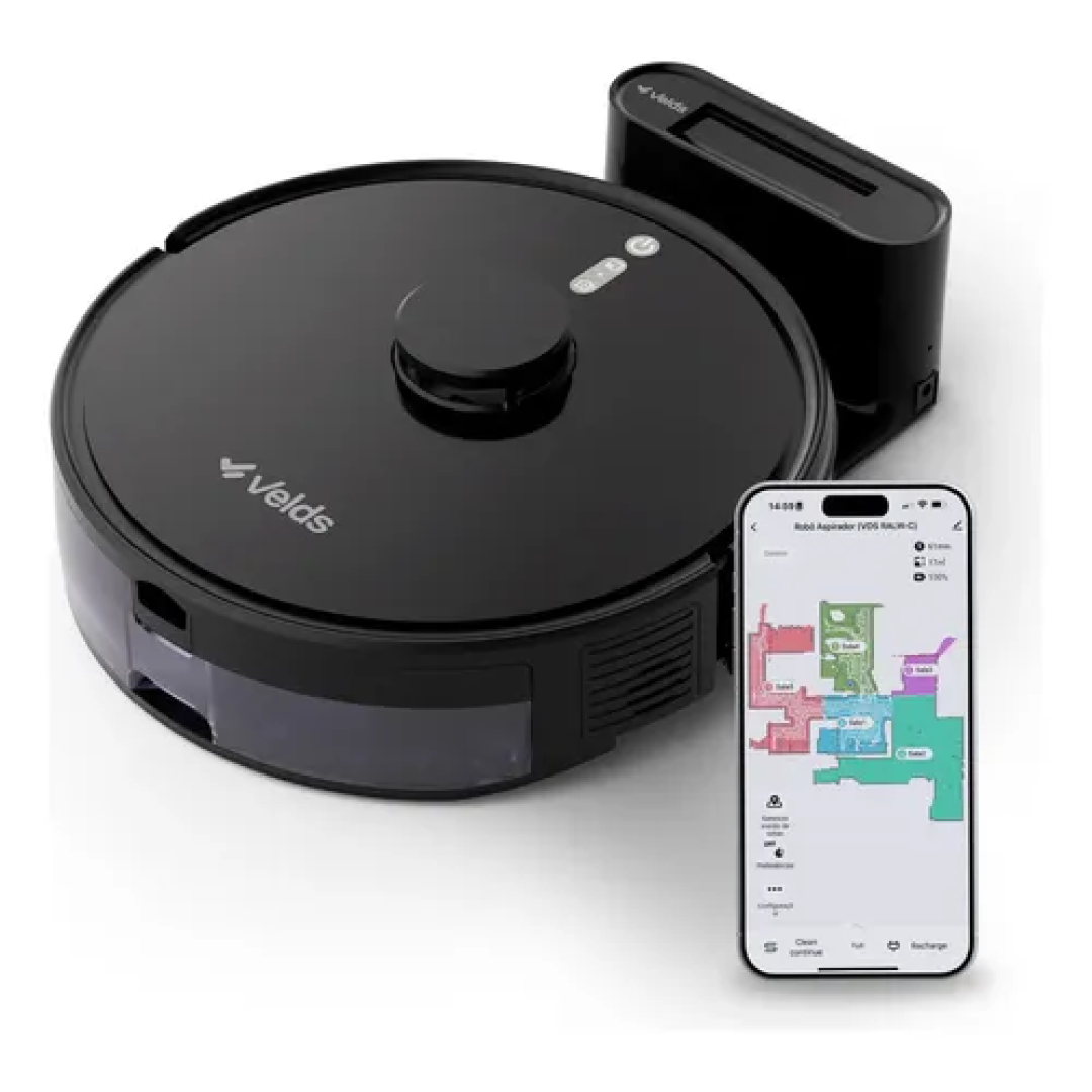 Robô Aspirador de Pó Velds 3 em 1 – Varre Aspira e Passa Pano com Mapeamento via App e Sensor Antiqueda, Preto