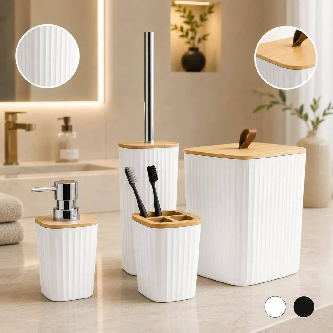 Kit 4 Pcs Banheiro Lavabo Lixeira Porta Escova Luxo Bambu Branco