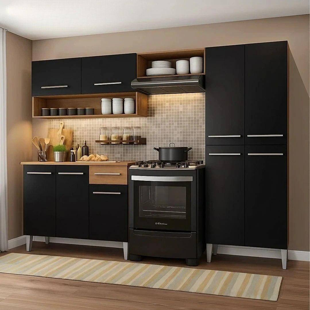 Armário De Cozinha Modulada Completa Compacta Emilly Pop Com Armário E Balcão Cor Rustic/preto Grem229002 Rústico/preto