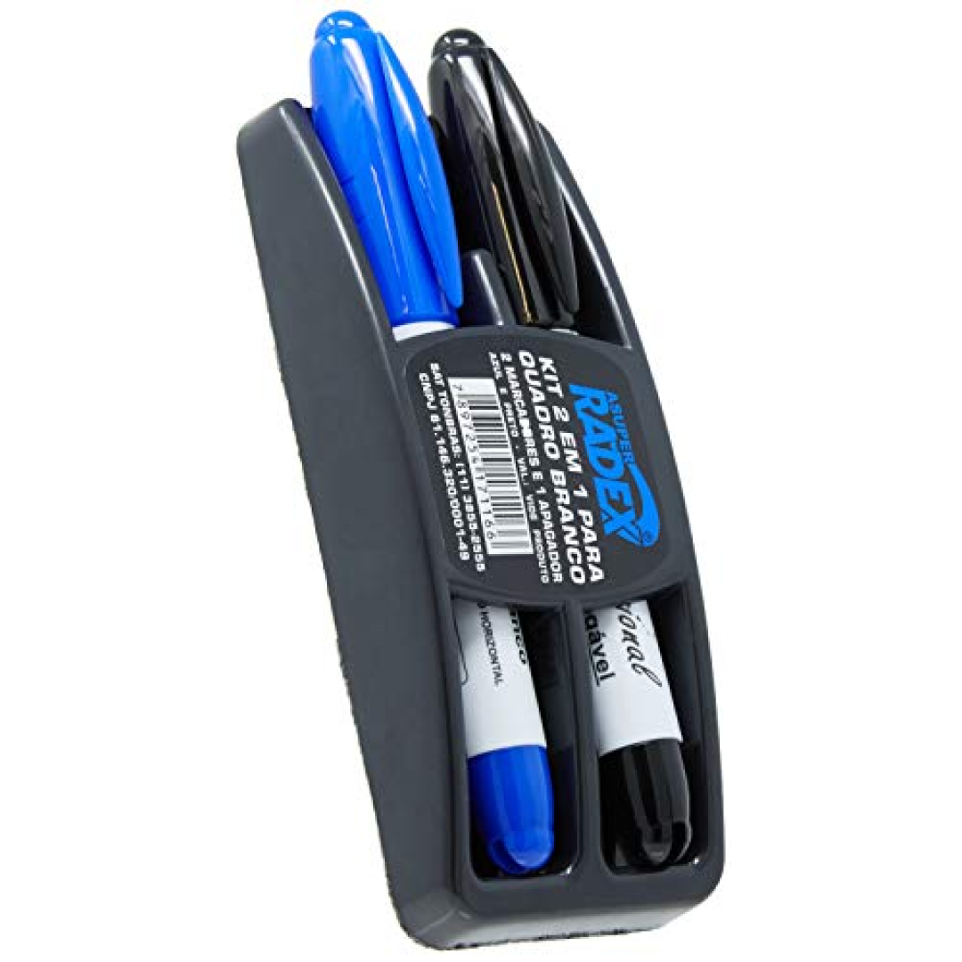 Pincel Quadro Branco Azul E Preto Com Apagador Kit 38422