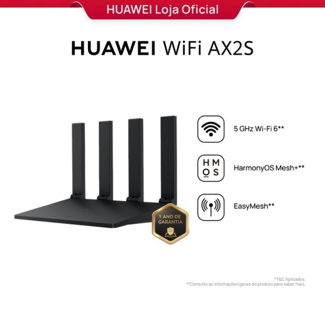 Roteador HUAWEI WiFi AX2S 5 GHz Wi-Fi 6 HarmonyOS Mesh+ EasyMeshVisualização de Diagnósticos do Wi-Fi Controle Parental Branco