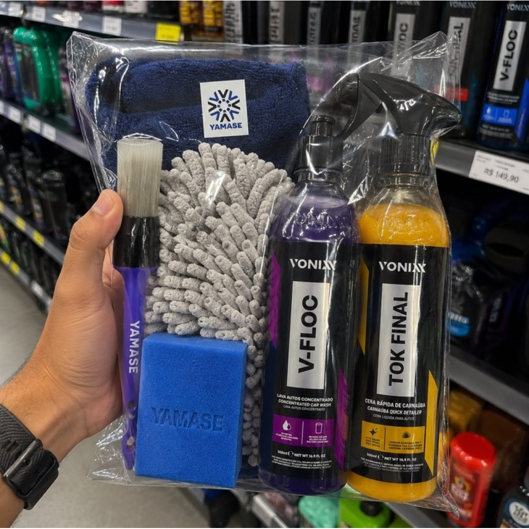 PARCELADO! Kit V-Floc Shampoo Neutro Super Concentrado Automotivo + Cera Liquida Protetora Tok Final Vonixx Luva Pano Microfibra