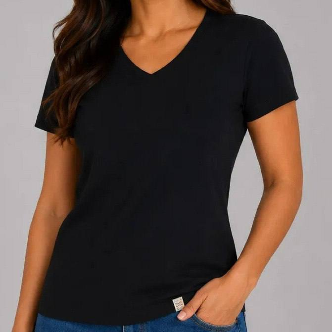 Blusa Feminina Básica Decote V Algodão Cotton Camiseta 25616