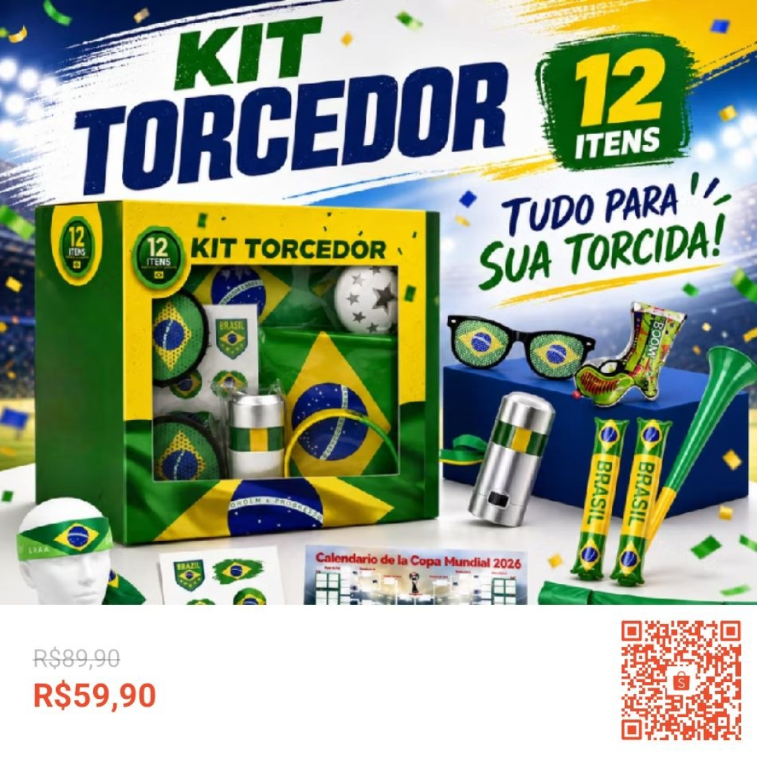 Kit Torcedor Copa do Mundo 2026 Brasil Futebol Bandeira Faixa Confete Corneta Oculos