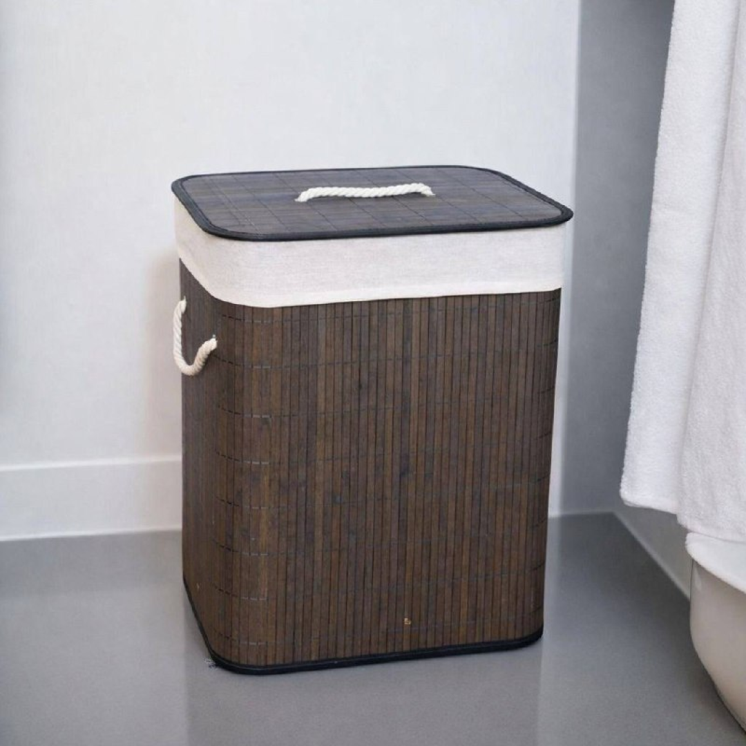 Cesto De Roupa Suja com Alças Em Bambu Com Tampa Forrado Banheiro Lavanderia Quarto