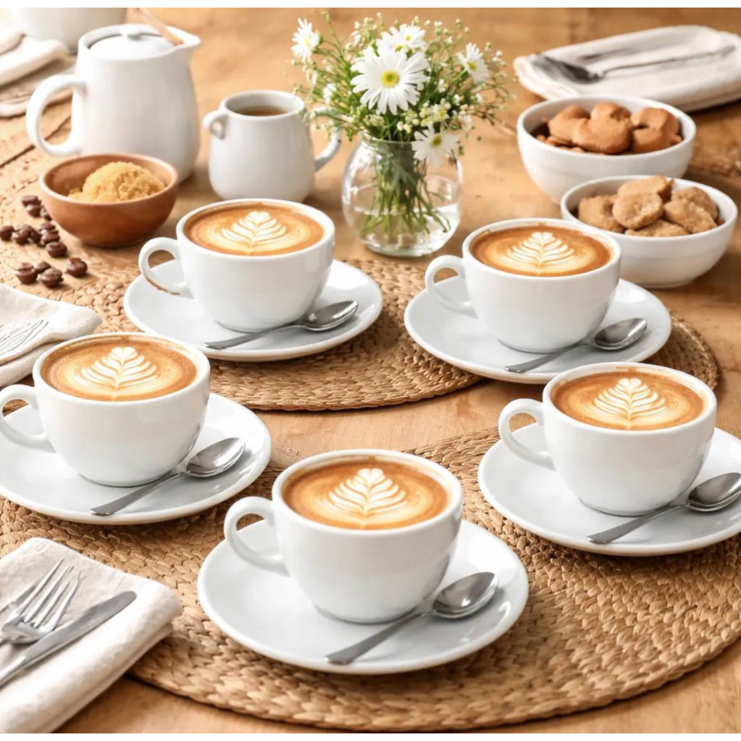 Jogo 12 Peças 6 Xícaras 6 Pires Café Chá Opalina 200ml Branco Liso