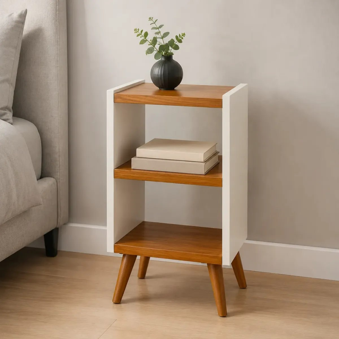 Mesa De Cabeceira Criado Retro Cama Quarto Suite Brilhante Branco/amadeirado