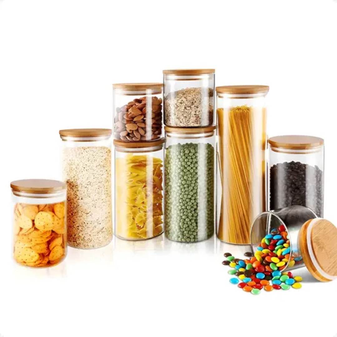 Kit com 9 Potes Mantimentos Vidro Herméticos Com Tampa Bambu