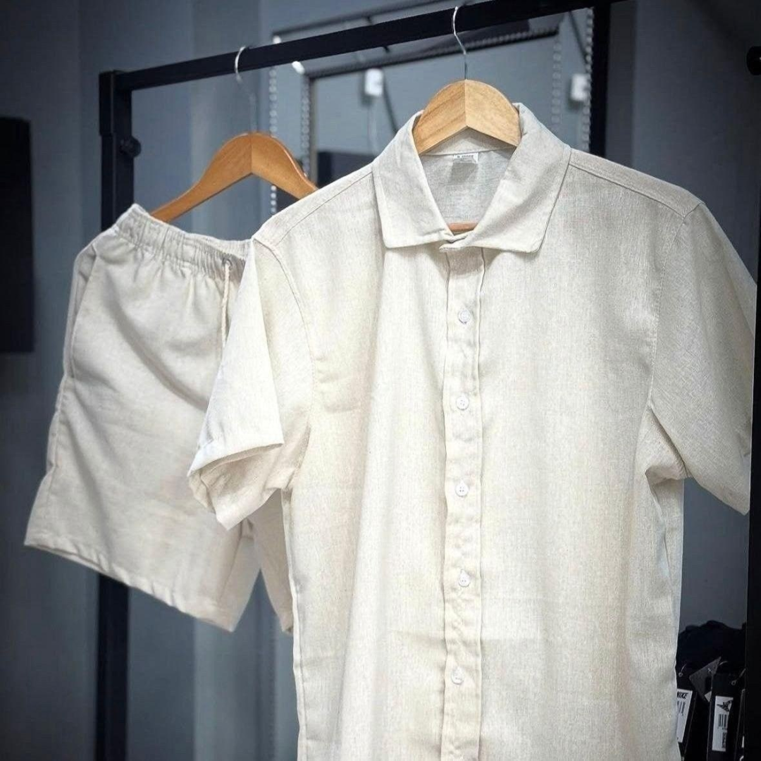 Conjunto Casual Linho Masculino Camisa Botão  Bermuda Cordão
