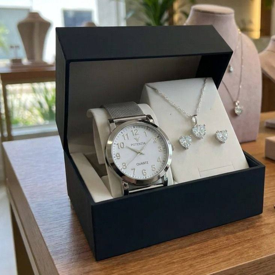 Kit Relógio Feminino Quartz Prova Dágua + Colar E Brincos Cinza Prateado Branco