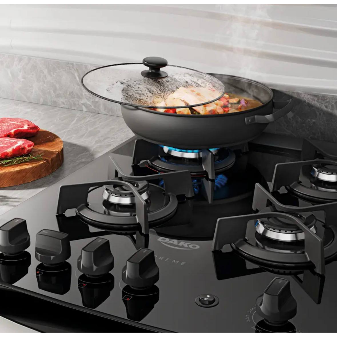 Fogão 4 Bocas de Embutir Dako Supreme Preto com Mesa de Vidro e Mega Chama Bivolt