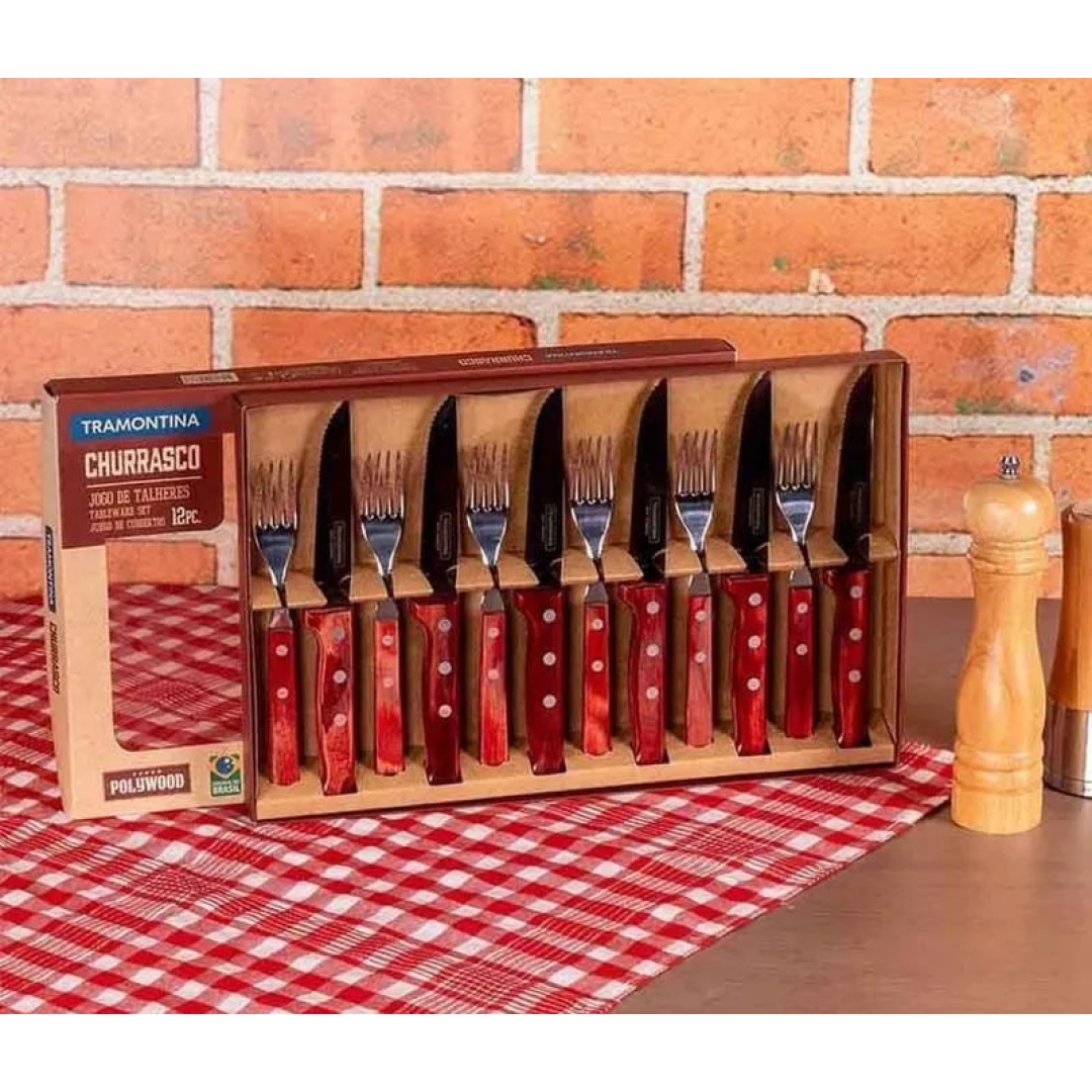 Jogo Talheres Churrasco 12 Peças Madeira Polywood Tramontina Cor Vermelho