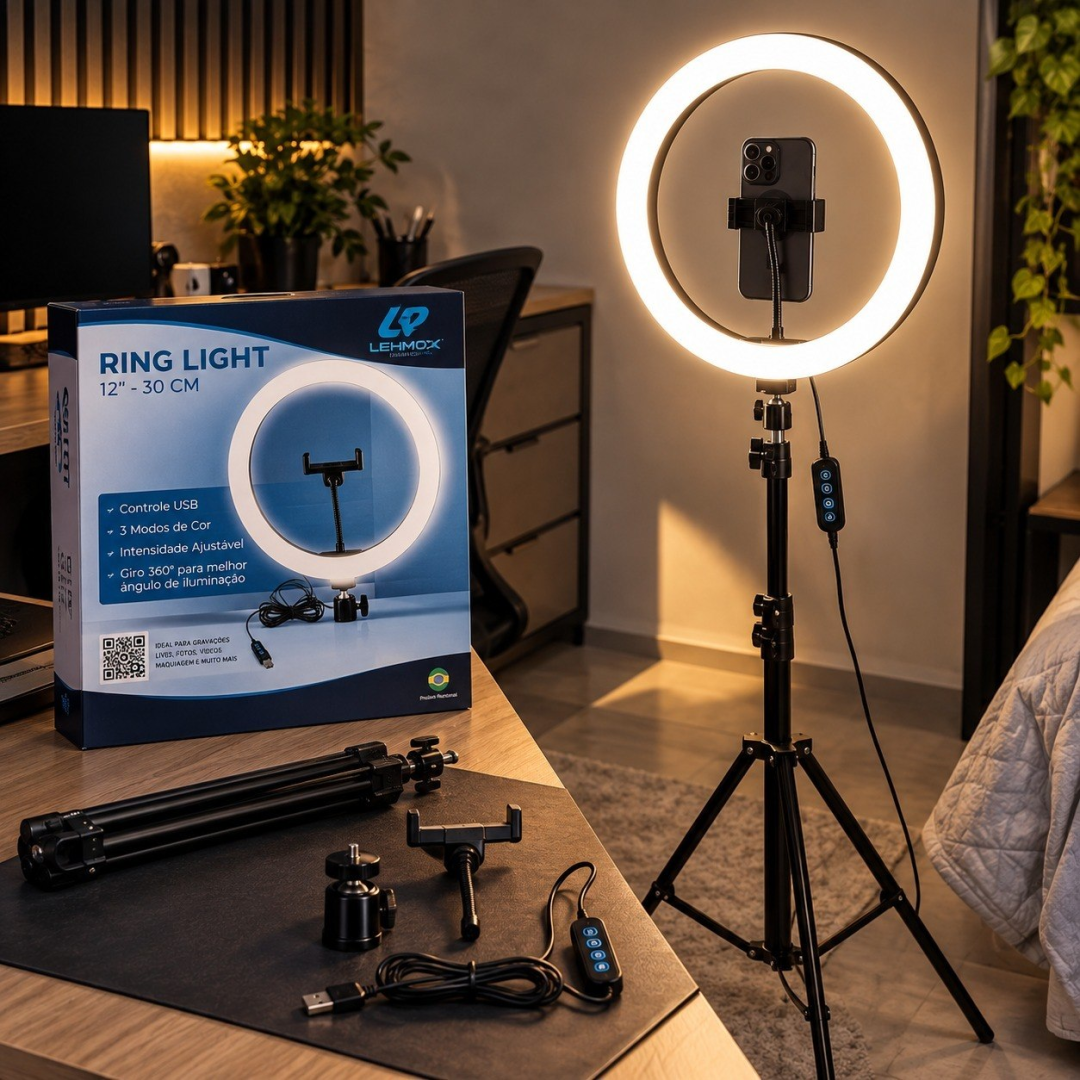 Ring Light Luz Led Iluminador 30cm + Tripé 2.1M Com 3 Cores