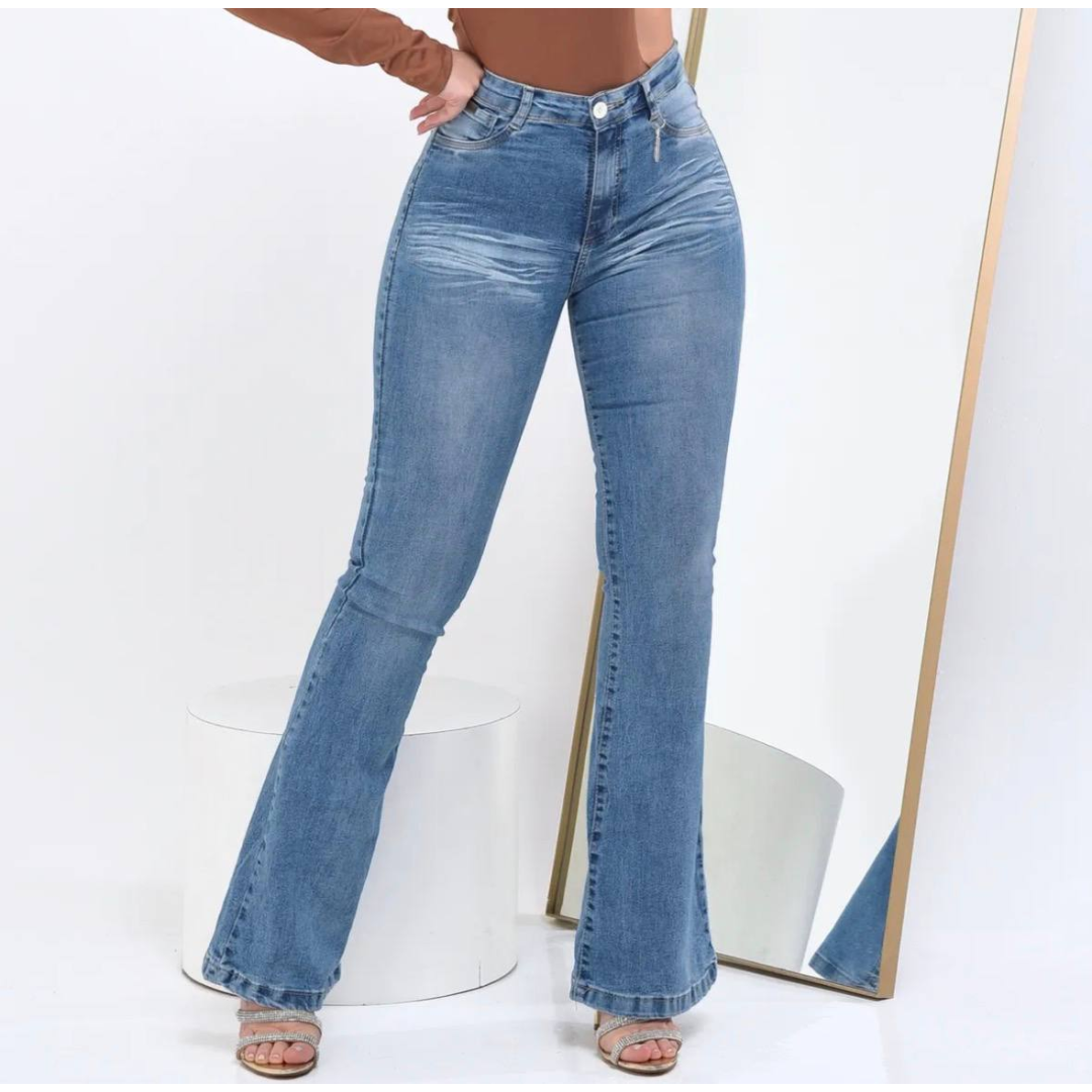 Calça Jeans Flare Feminina Cintura Alta Elastano Blogueira