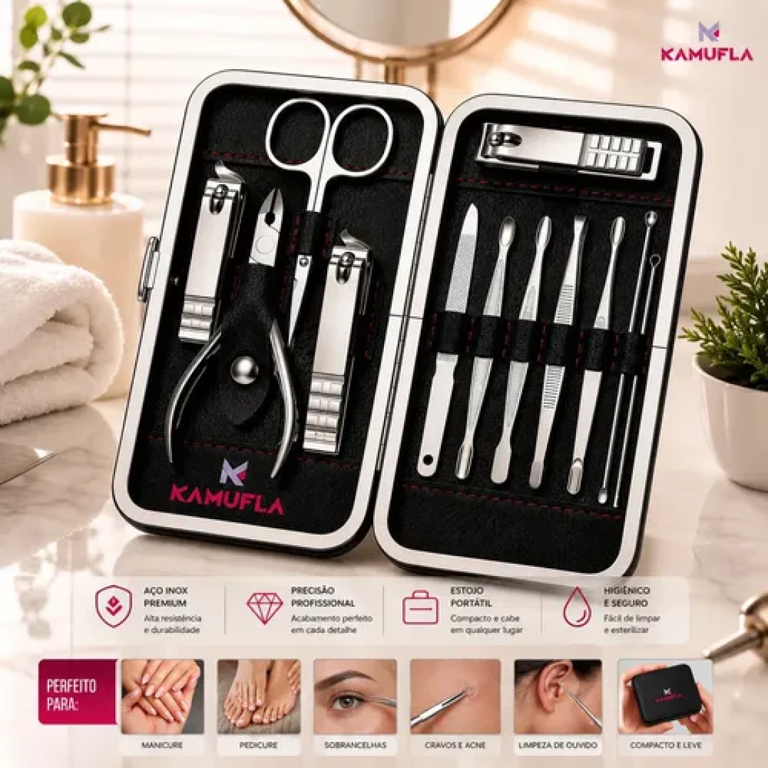Kit com 12 peças Cortador De Unha Portátil + Estojo Kamufla