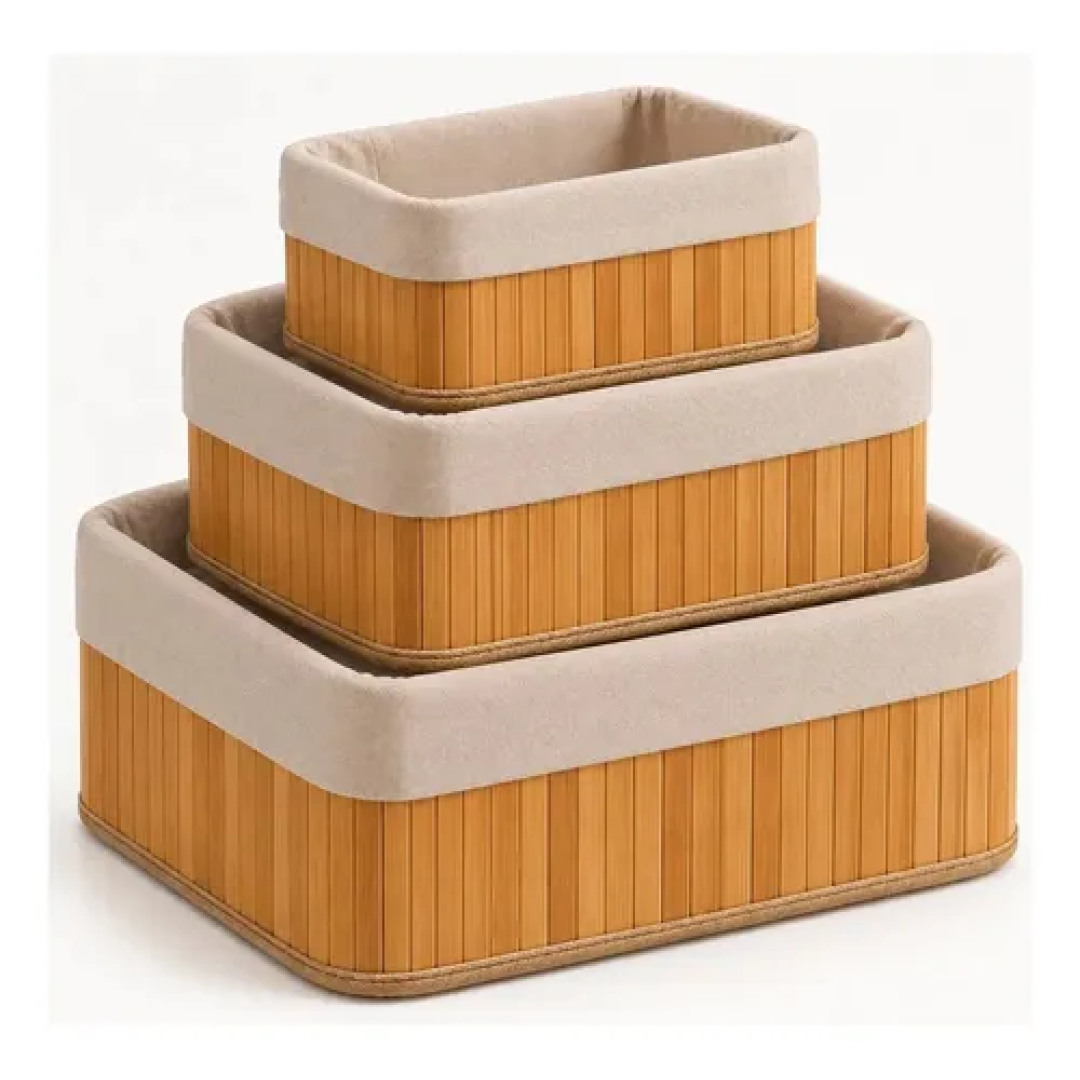 Kit com 3 Cestos Organizador De Bambu Com Forro