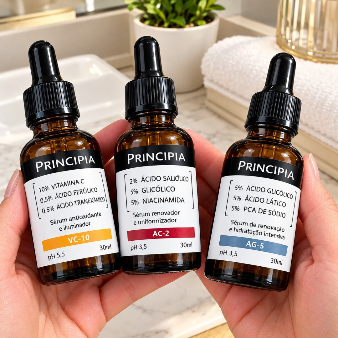 Kit com Principia Séruns Vitamina C + Retinol + Hialurônicos