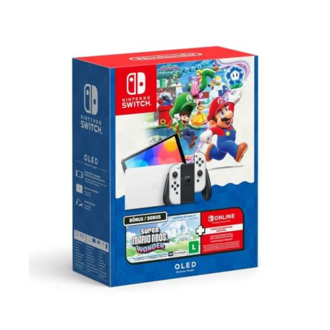 Nintendo Switch Oled + Super Mario Bros Wonder + 3 Meses de Assinatura Nintendo Switch Online