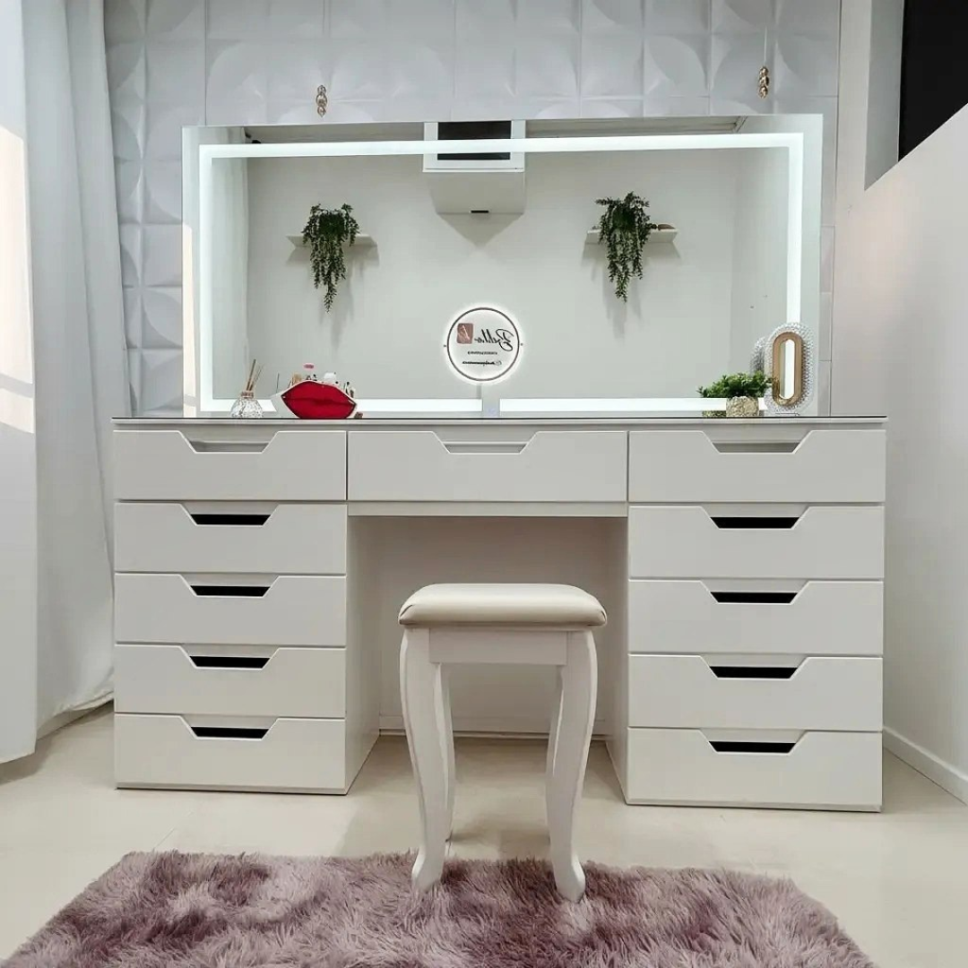 Penteadeira Luxo 11 Gavetas Espelho Led e Touch Branco 1,70m